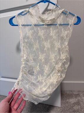 Free People Sheer Floral Lace High Neck Top in Cream
